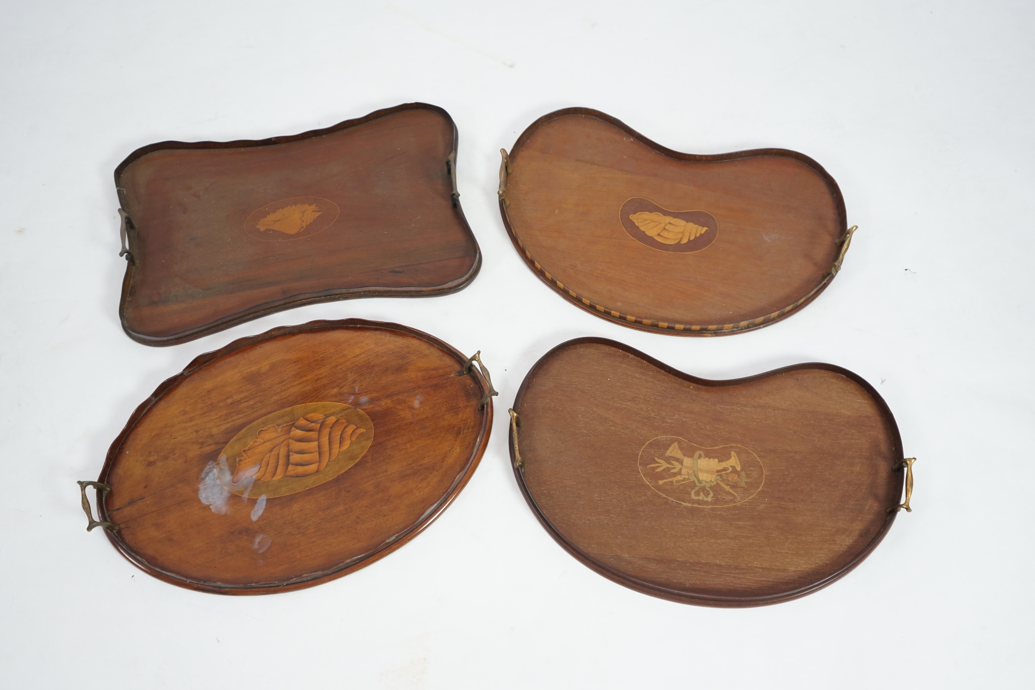 Four Edwardian inlaid mahogany gallery trays